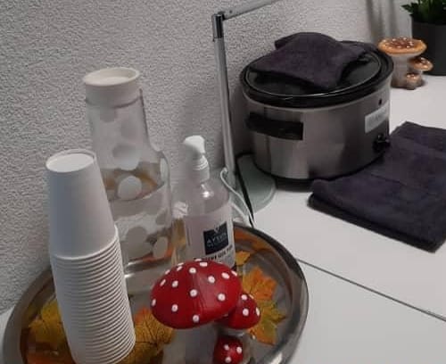 Werkblad met een karaf water, papieren bekertjes, een opgevouwen handdoek en decoratieve paddenstoelen